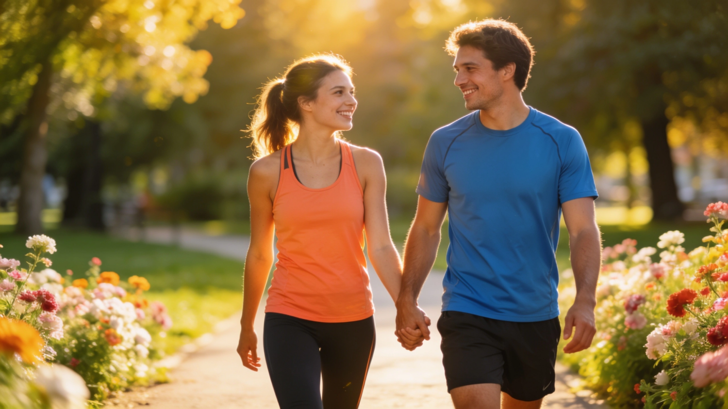 healthy couple walking outdoors in golden hour light